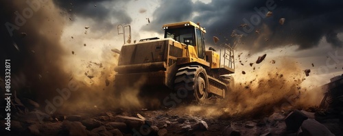 A yellow bulldozer is driving through a dusty  rocky field. The scene is chaotic and wild  with the truck kicking up a cloud of dust and debris as it moves through the area