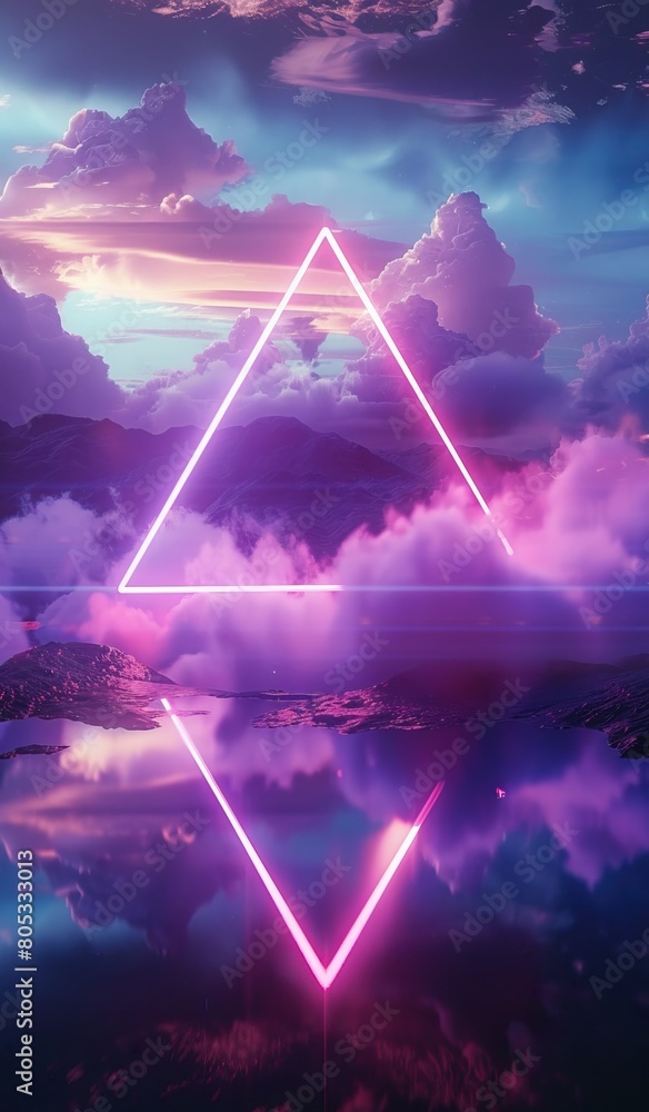 Purple pink clouds with glowing triangle.