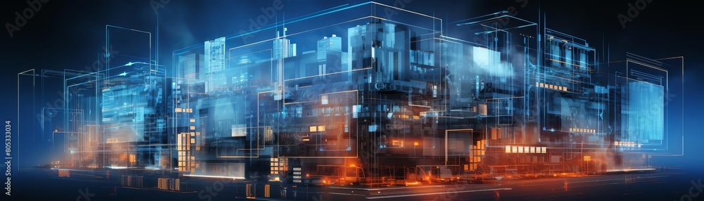 A cityscape with a blue sky and a few buildings. The buildings are lit up with orange lights, giving the impression of a futuristic city A cityscape with a blue sky and a few buildings. The buildings are lit up with orange lights, giving the impression of a futuristic city