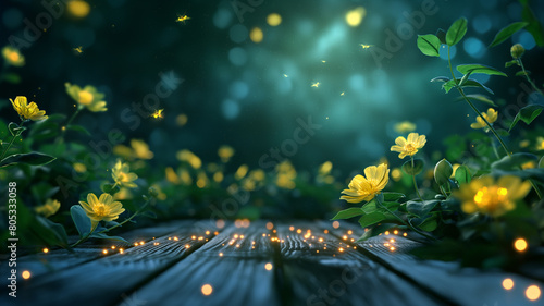 Blossom Yellow Cosmos flowers in garden with wood plank floor and fireflies at night  summer and spring time theme background.