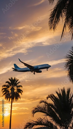 In the tranquil hues of a sunset sky, an airplane glides gracefully over palm trees, bathed in the warm embrace of sun rays. © xKas