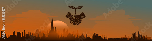 Vektor Silhouette City Skyline - Umweltschutz - Smog und Abgase über der Stadt - Nachhaltigkeit und Klimaschutz Richtlinien - Symbol nachhaltig