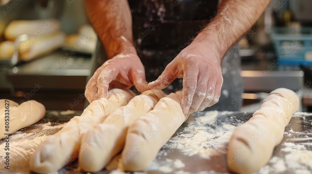 baker skillfully shaping dough into traditional baguettes