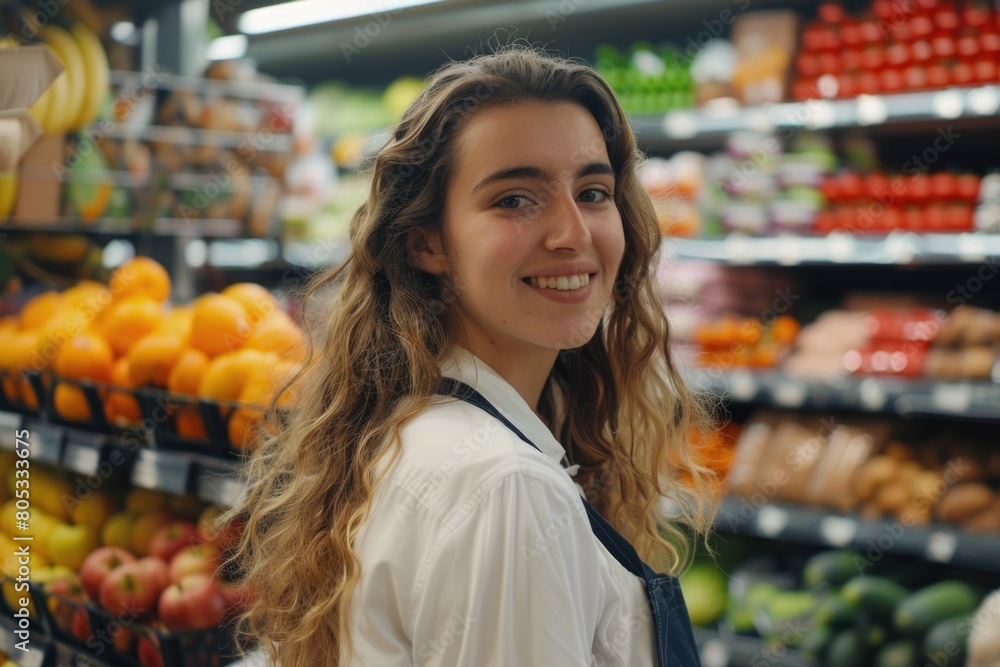 Female trainee in a supermarket. Woman working in a grocery store smiling at camera.