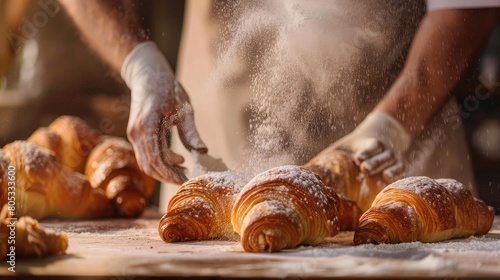 baker dusting flour on dough for classic French croissants