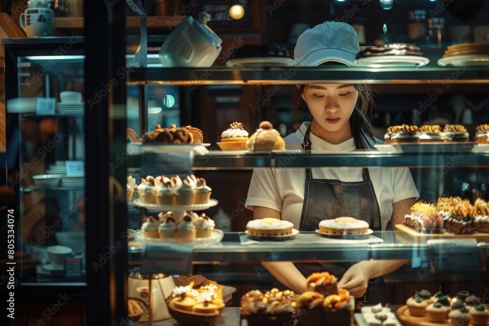 Woman employee arranging pastries in cafe refrigerator showcase. Small business.