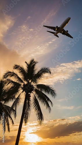 In the tranquil hues of a sunset sky  an airplane glides gracefully over palm trees  bathed in the warm embrace of sun rays.