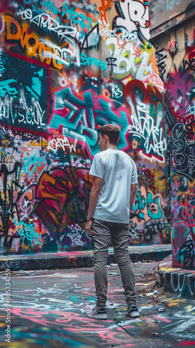 On a graffiti-filled urban street, a young man stands with the colorful and expressive art forms creating a vibrant and rebellious background, showcasing the intersection of youth culture  © Image Studio