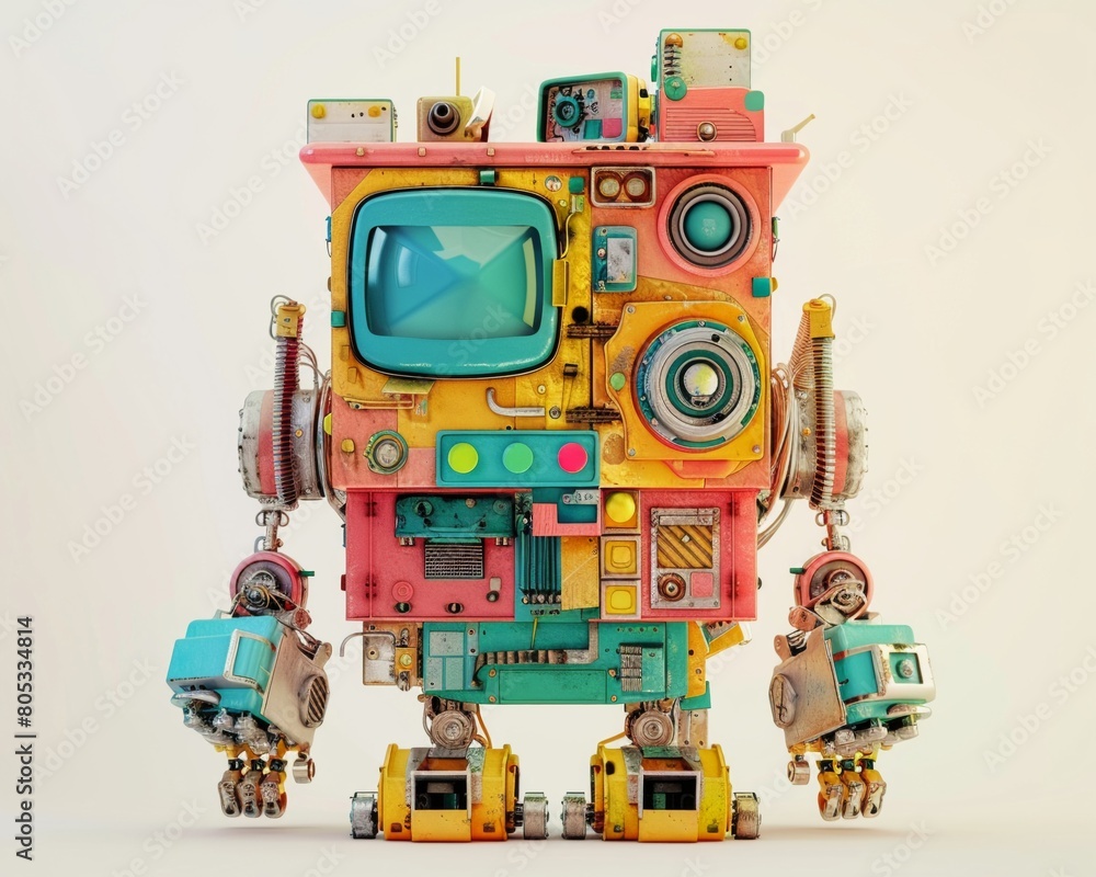 Obraz premium Artistic 3D depiction of a robot assembled from garbage displayed with a minimalist background to highlight recycling innovations.Model of a vibrant multi-colored house