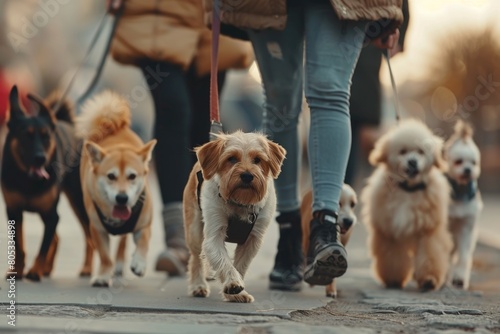 Professional dog walker with diverse pack in city. photo