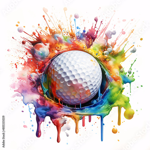 Vibrant water coloured painted golf ball on a white background 