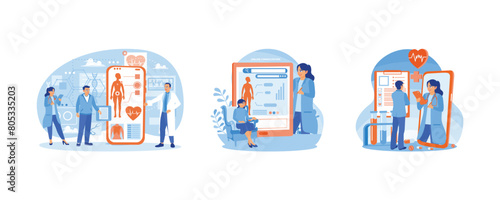 Patients carry out medical consultations online. Female patient sitting in a chair at home. Telemedicine e-health services. Online Medical Consultation concept. Set flat vector illustration.