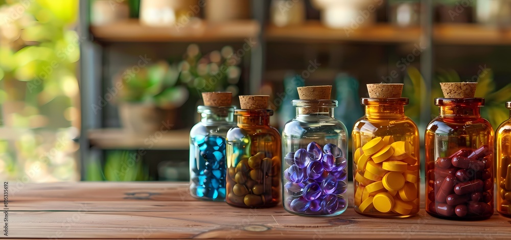 Colorful medicine capsules from glass bottles on wooden table, Close-up view Colorful medicine capsules from glass bottles on wooden table, Close-up view
