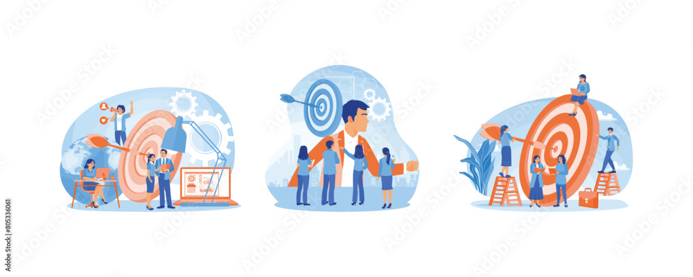 Business teamwork. Develop target customers to improve marketing. Increase marketing targets. Business targets concept. Set flat vector illustration.