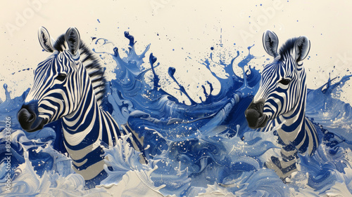 Two zebras are swimming in the ocean with blue and white splashes