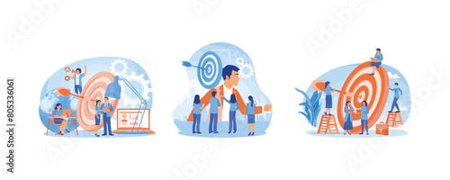 Business teamwork. Develop target customers to improve marketing. Increase marketing targets. Business targets concept. Set flat vector illustration.