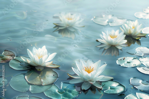 A serene background with a delicate water lily pattern floating on a calm pond surface, ed in soft blues and whites. photo