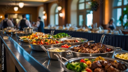 Indoor Catered Buffet  Restaurant Setting Featuring Grilled Meat Amongst Buffet Spread.