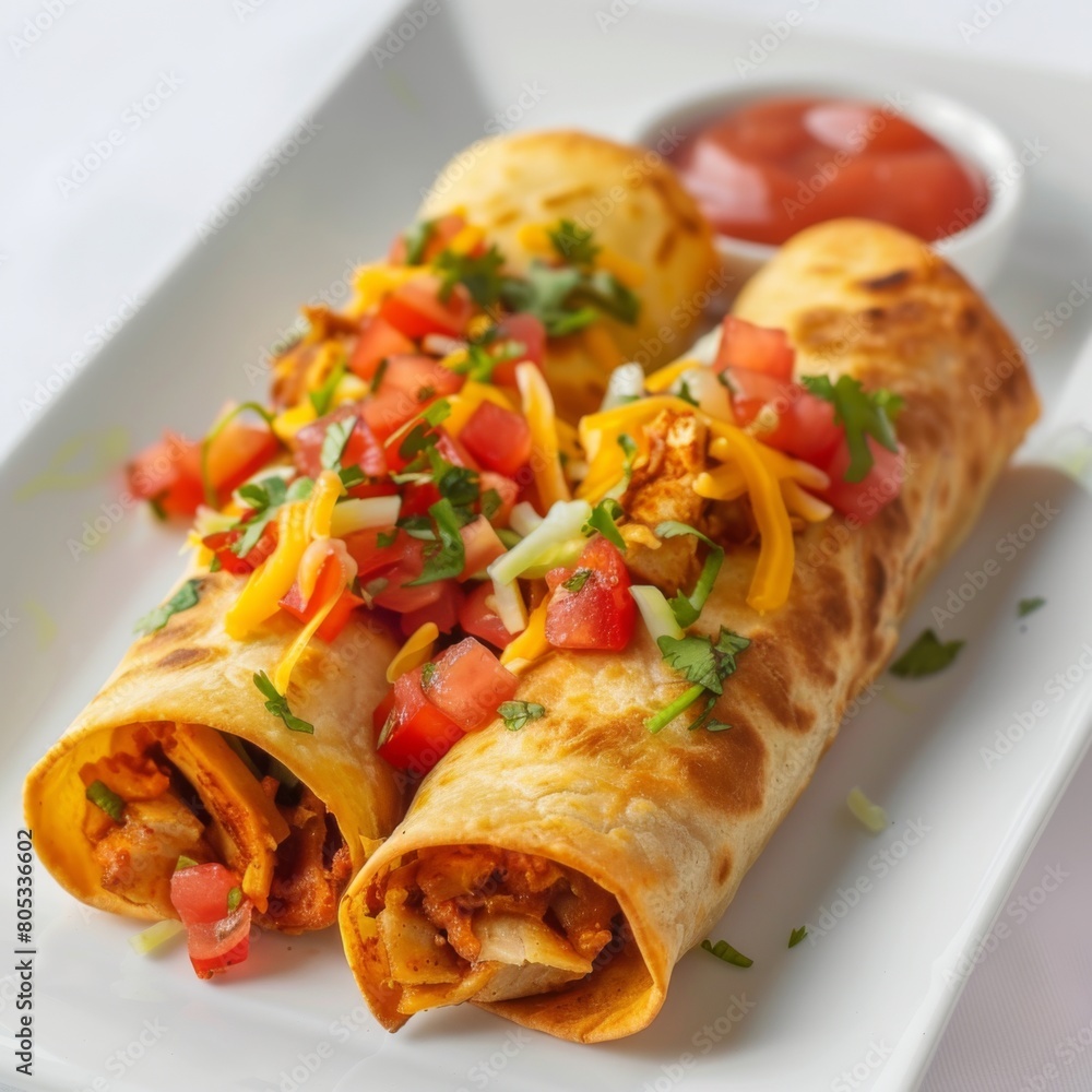 A white plate holds two burritos overflowing with delicious toppings A white plate holds two burritos overflowing with delicious toppings