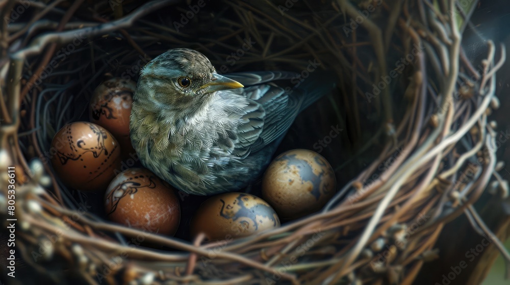 Close-up of a mother bird keeping her eggs warm in a cozy nest Close-up of a mother bird keeping her eggs warm in a cozy nest