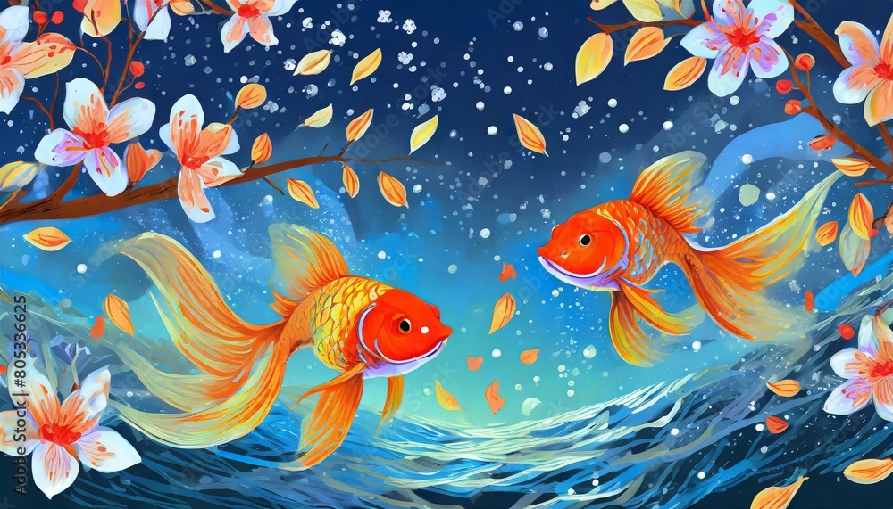 幻想的な背景、清涼感、くっきり、青空、舞う花びら、金魚、美しい夜桜を描くイラスト generated by AI 幻想的な背景、清涼感、くっきり、青空、舞う花びら、金魚、美しい夜桜を描くイラスト generated by AI