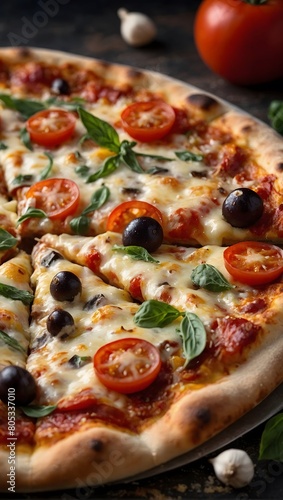 Indulge in Every Bite, A Tempting Close-Up Shot Showcasing the Cheesy Goodness of a Freshly Baked Pizza.