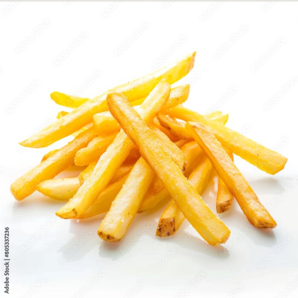 A heaping pile of crispy French fries stacked on a pristine white table A heaping pile of crispy French fries stacked on a pristine white table