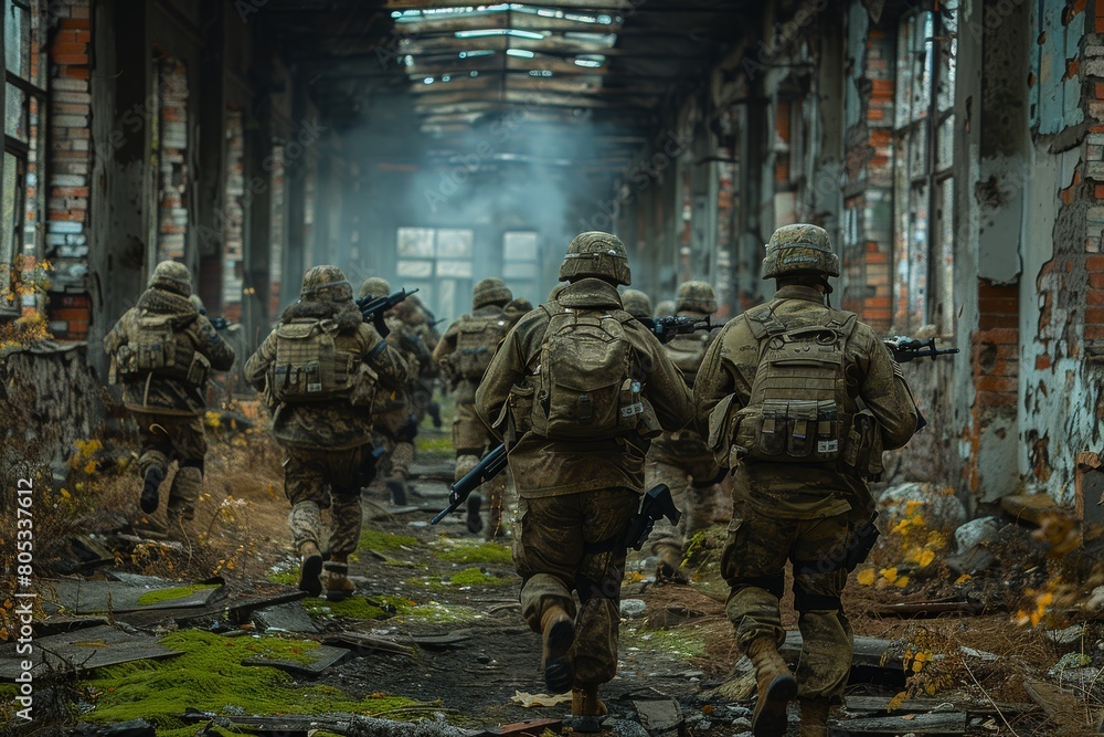 A group of soldiers with full gear is seen moving forward through a dilapidated factory setting A group of soldiers with full gear is seen moving forward through a dilapidated factory setting
