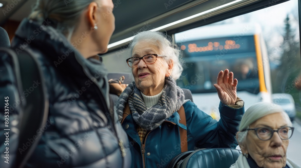 coach attendant assisting elderly passengers onto the bus with care coach attendant assisting elderly passengers onto the bus with care