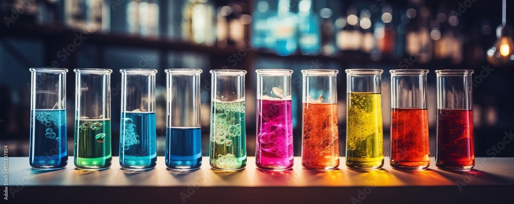 A row of colorful glass beakers filled with different colored liquids. The colors are vibrant and the beakers are lined up in a row A row of colorful glass beakers filled with different colored liquids. The colors are vibrant and the beakers are lined up in a row