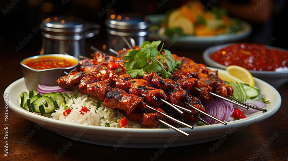 Delicious Grilled Meat Stick Skewers With Salad and Sauce On Defocused Background Delicious Grilled Meat Stick Skewers With Salad and Sauce On Defocused Background