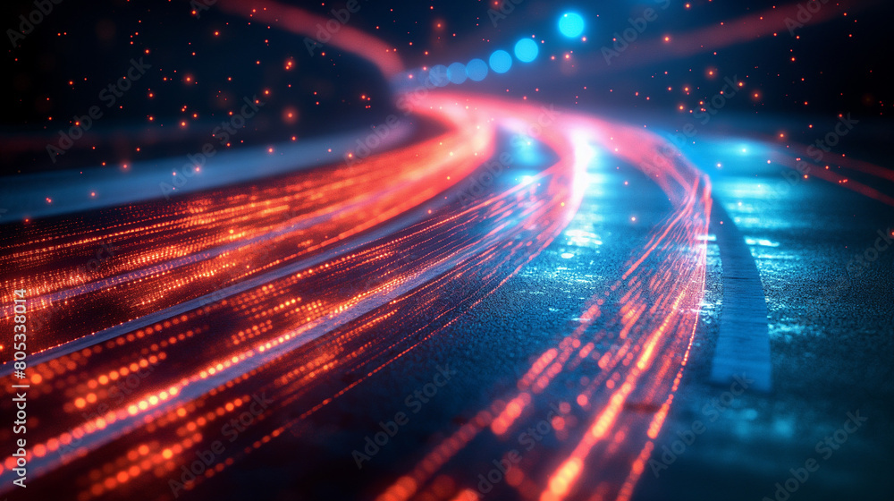 Digital data flow on road in concept of cyber global communication and coding with graphic creating vision of fast speed transfer to show agile digital transformation , disruptive innovation . Digital data flow on road in concept of cyber global communication and coding with graphic creating vision of fast speed transfer to show agile digital transformation , disruptive innovation .