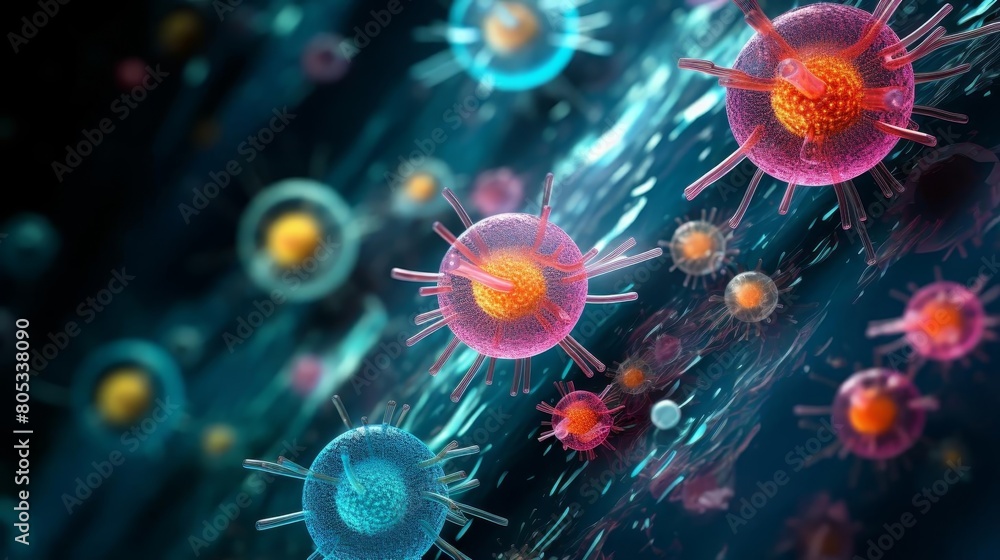 A colorful image of many small spheres, some of which are pink and some are blue. The spheres are arranged in a way that they appear to be floating in a blue liquid. Scene is one of curiosity A colorful image of many small spheres, some of which are pink and some are blue. The spheres are arranged in a way that they appear to be floating in a blue liquid. Scene is one of curiosity