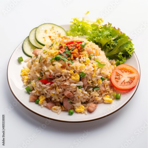 A white plate filled with steaming rice and colorful vegetables