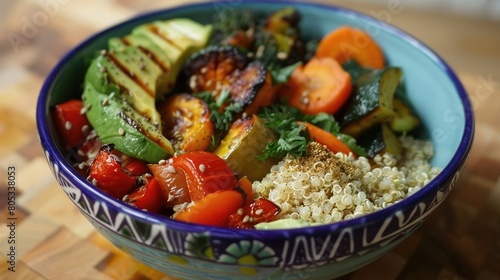 colorful buddha bowl filled with quinoa, roasted vegetables, and avocado