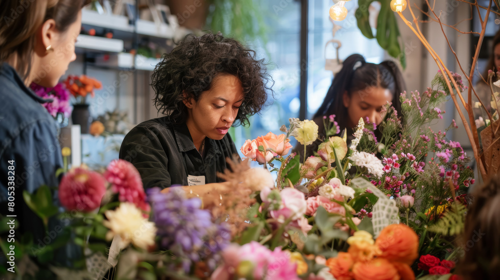 Customers shopping in floral shop with variety of plants and flowers. Interior photography of retail flower store. Retail and shopping concept for design and print. Customers shopping in floral shop with variety of plants and flowers. Interior photography of retail flower store. Retail and shopping concept for design and print.