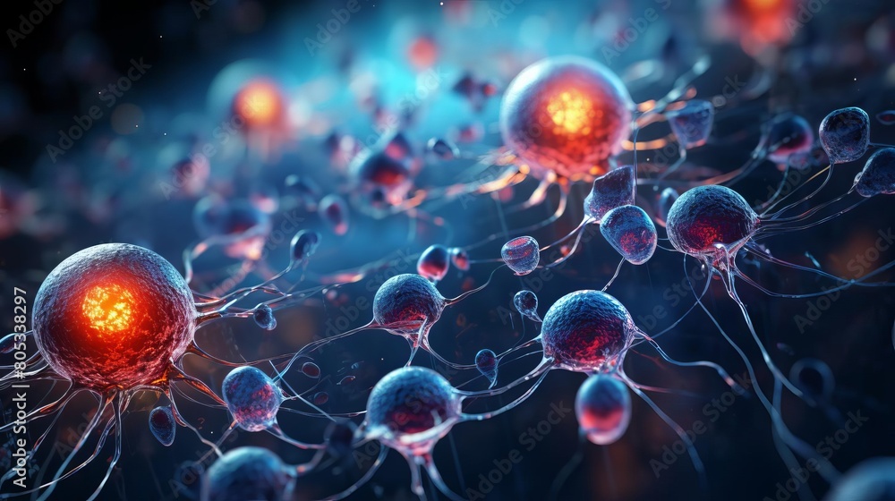 A close up of a bunch of small red and blue spheres. The spheres are connected to each other and appear to be floating in a blue background. Concept of chaos and disorder, as the spheres are scattered A close up of a bunch of small red and blue spheres. The spheres are connected to each other and appear to be floating in a blue background. Concept of chaos and disorder, as the spheres are scattered