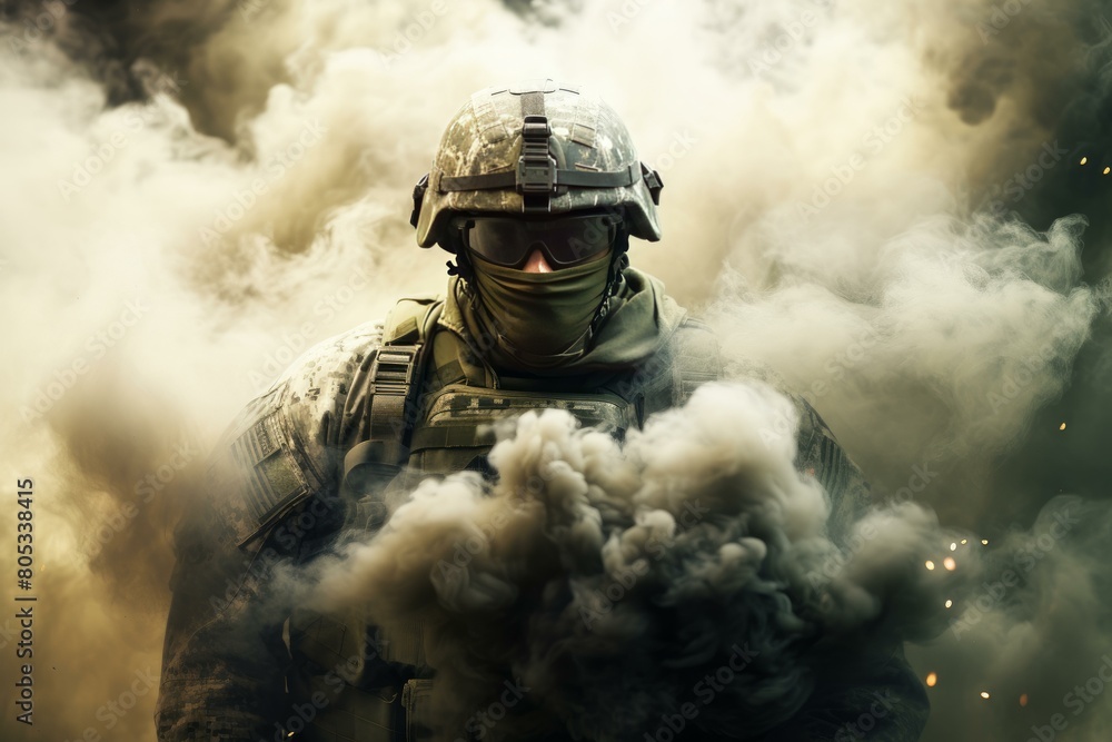 Obraz premium Strategic Soldier forces smoke attack. Team training. Generate Ai