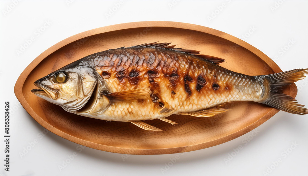 roasted fish served on a wooden tray roasted fish served on a wooden tray