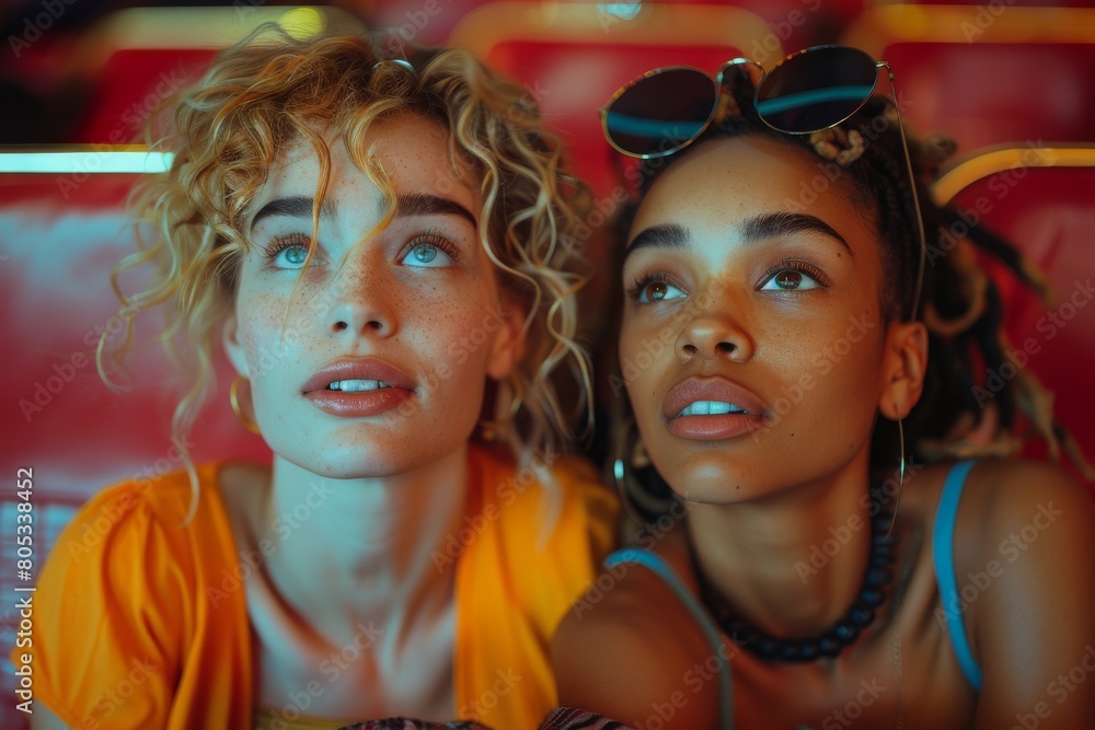 Young women expressing amazement during a captivating moment in a theater screening Young women expressing amazement during a captivating moment in a theater screening