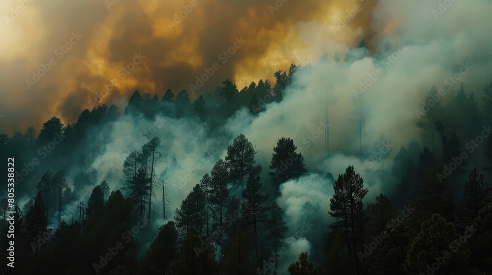 Dense smoke rising from burning trees during a forest fire