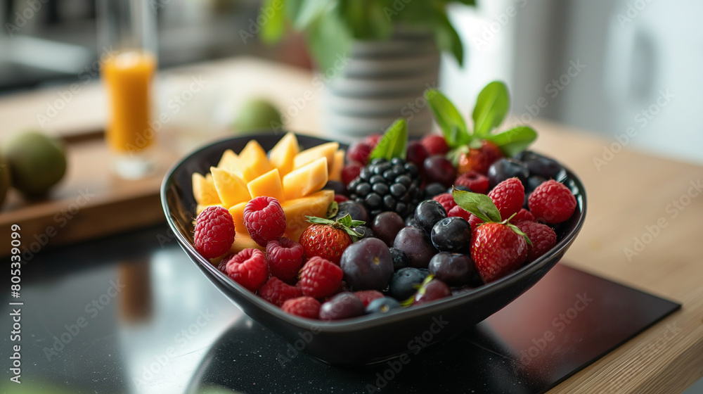 Fruit salad in a cup Heart shape on the black table by the window. Fruit salad in a cup Heart shape on the black table by the window.