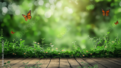 Lush grass and bush in garden with wood plank floor and butterflies at morning, summer and spring time theme background.