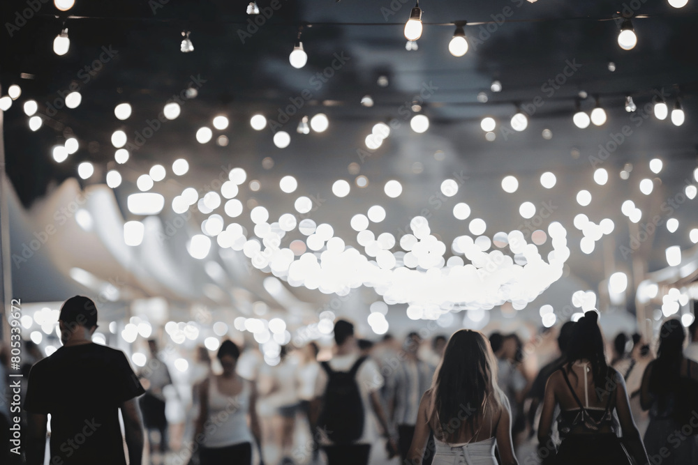 Summer outdoor concert scene with string lights and lively crowd. Ideal for festival promotions, event banners, and social gathering advertisements Summer outdoor concert scene with string lights and lively crowd. Ideal for festival promotions, event banners, and social gathering advertisements