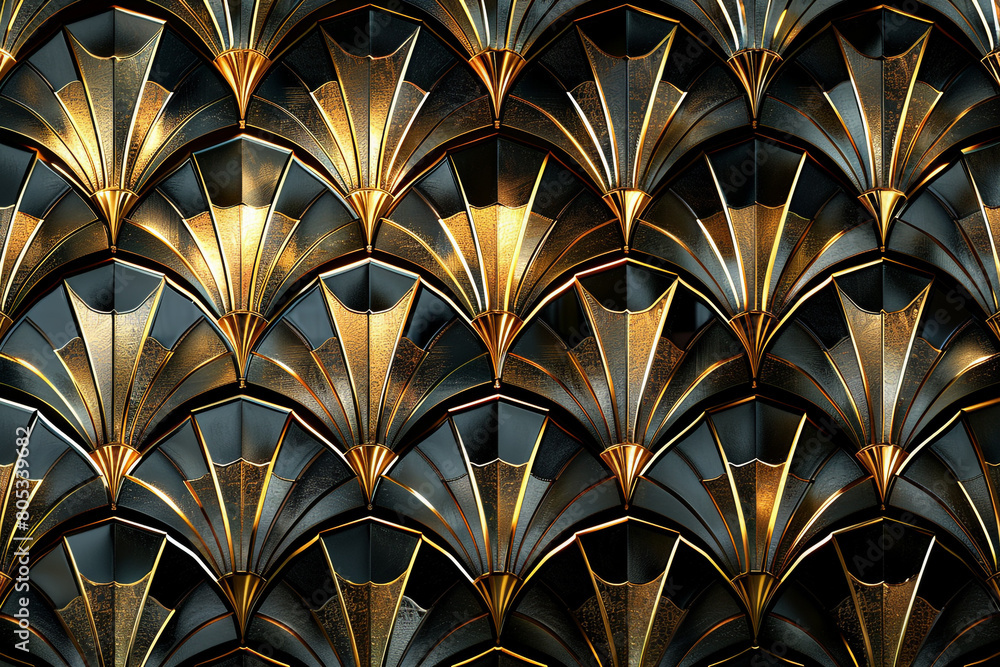 An art deco background with symmetrical fan patterns in glossy black and metallic gold, reminiscent of the roaring twenties. An art deco background with symmetrical fan patterns in glossy black and metallic gold, reminiscent of the roaring twenties.