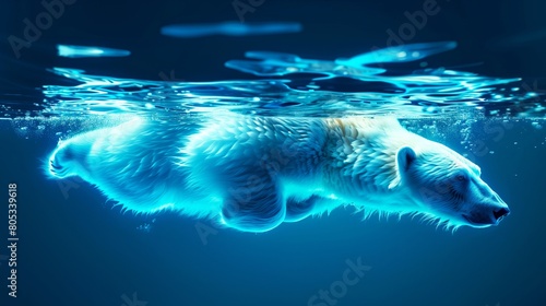 Adult Polar Bear  Ursus maritimus  hunting beneath crystal clear Arctic waters. Arctic wildlife and nature concept.