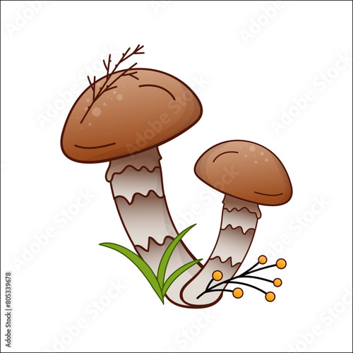 honey mushrooms vector color illustration isolated. Hand drawn armillaria melea in cartoon. Design element for theme forest mushrooms, menu, forest, ingredients, recipes, organic products, etc.