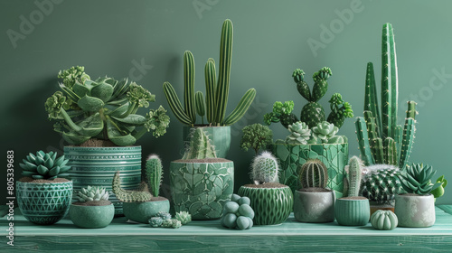 Various cacti and succulents in assorted pots displayed on wooden shelves. Rustic garden shop display. Plant collection for design and print. Close-up photography with natural light