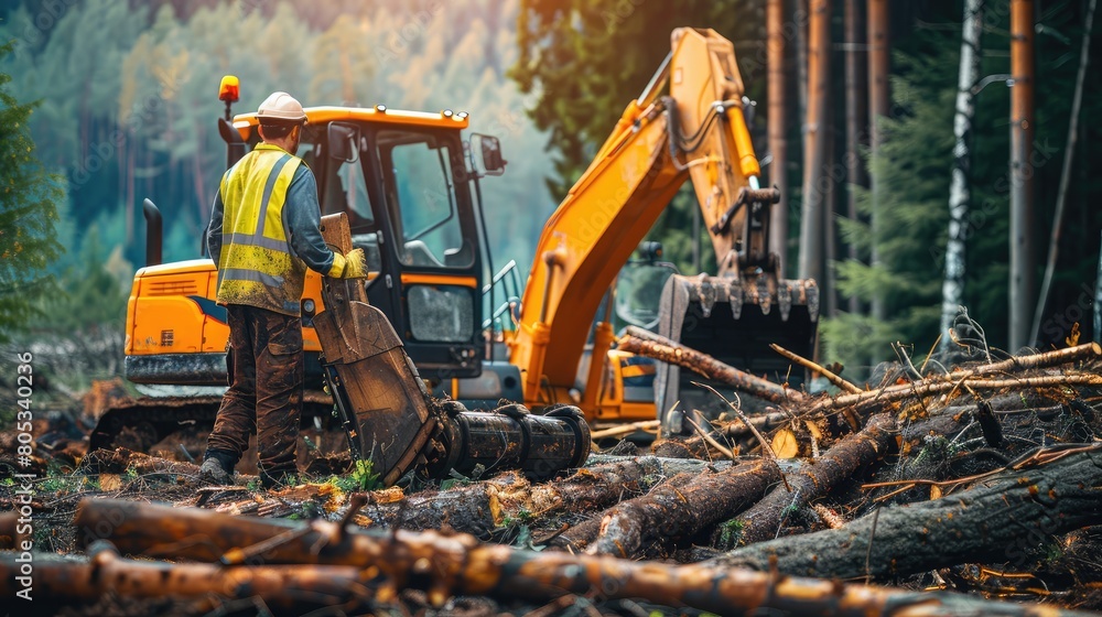 forestry worker operating heavy machinery to clear trees from a site forestry worker operating heavy machinery to clear trees from a site
