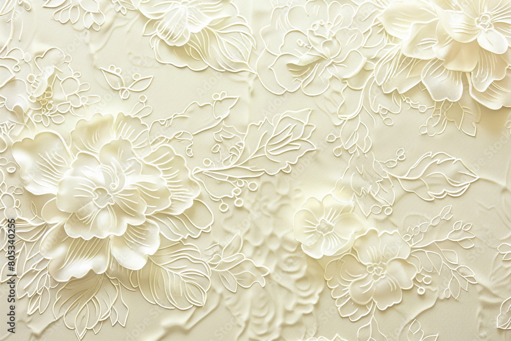 An elegant background with a large, floral lace pattern embossed on a cream-colored base, ideal for a chic and romantic atmosphere. An elegant background with a large, floral lace pattern embossed on a cream-colored base, ideal for a chic and romantic atmosphere.